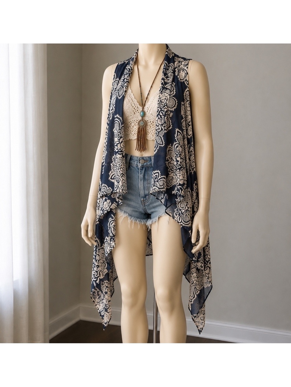 G Womens Paisley Draped Vest Navy Cream Boho Open Front Lightweight One Size